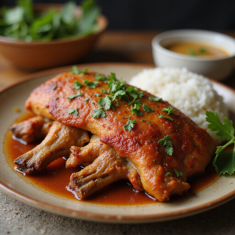 Lechon kawali na talerzu z ryżem i sosem, tradycyjne filipińskie danie