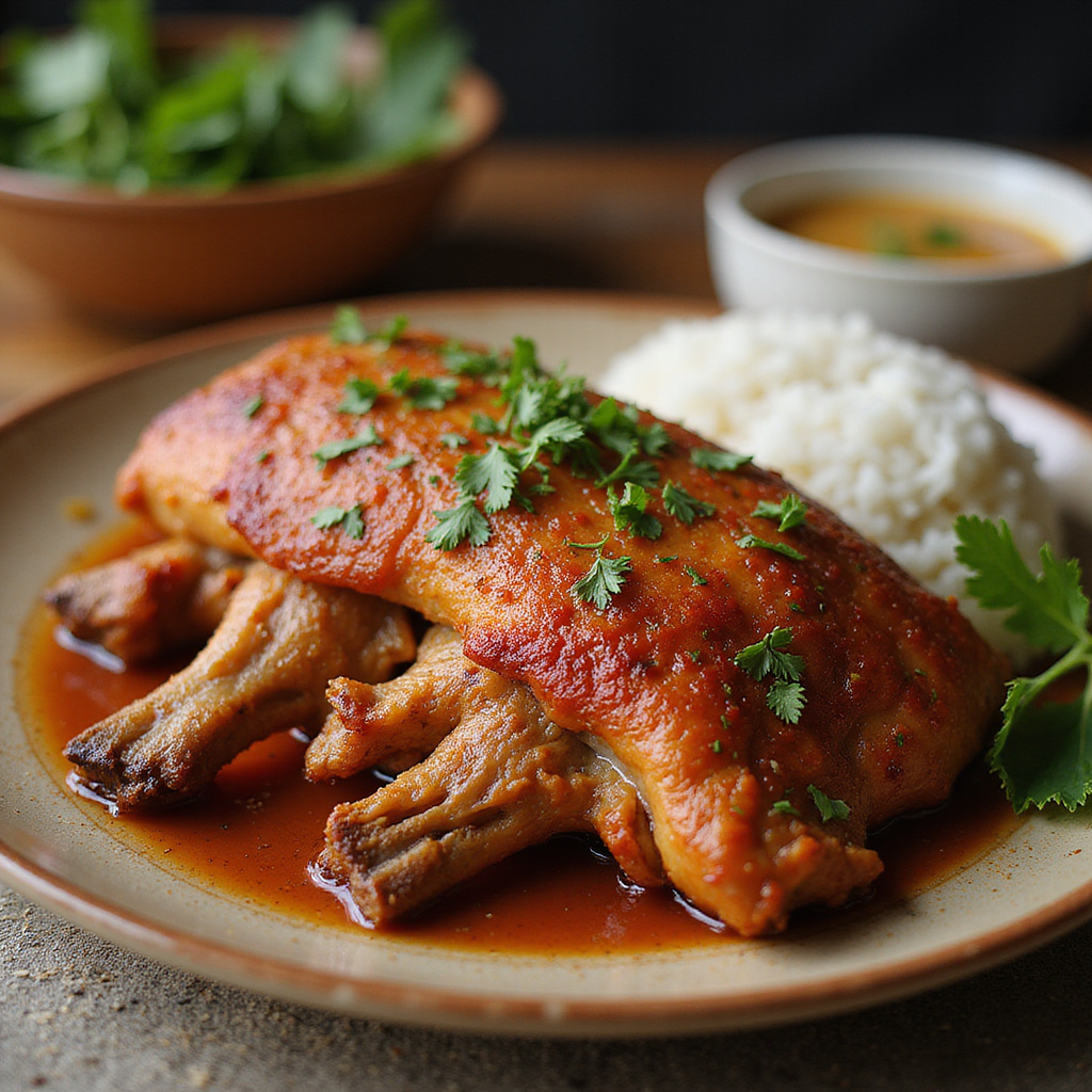 Lechon kawali na talerzu z ryżem i sosem, tradycyjne filipińskie danie