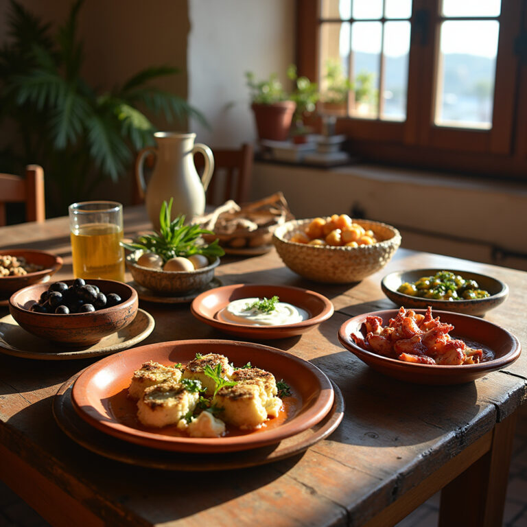 Tradycyjne greckie przekąski mezedes na stole w tawernie w Volos