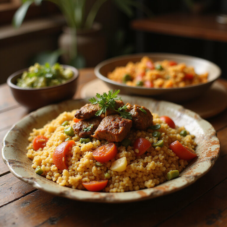 tradycyjny tunezyjski kuskus z warzywami i mięsem na drewnianym stole