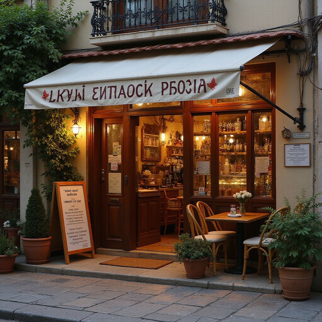 Ulica w Atenach z widocznymi greckimi napisami, podstawy języka greckiego klucz do kultury, tawerna, sklep