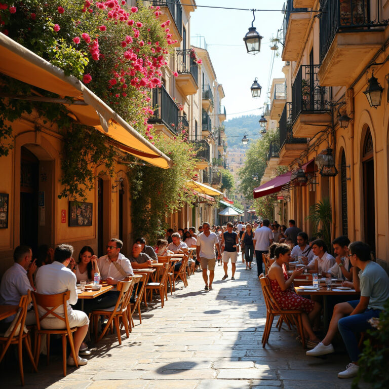 Ulica w Atenach z tradycyjnymi greckimi tawernami i kawiarniami