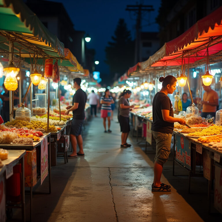 Ulica w Davao z kolorowymi straganami Roxas Night Market, nocne życie miasta, street food