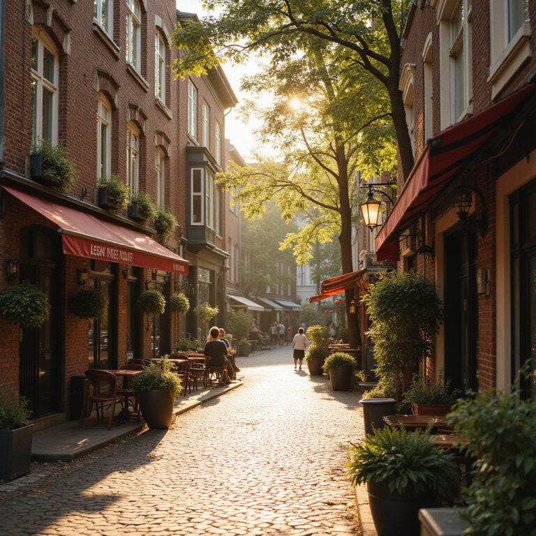 Ulica w Lille z ceglanymi kamienicami i kawiarniami, flamandzka architektura