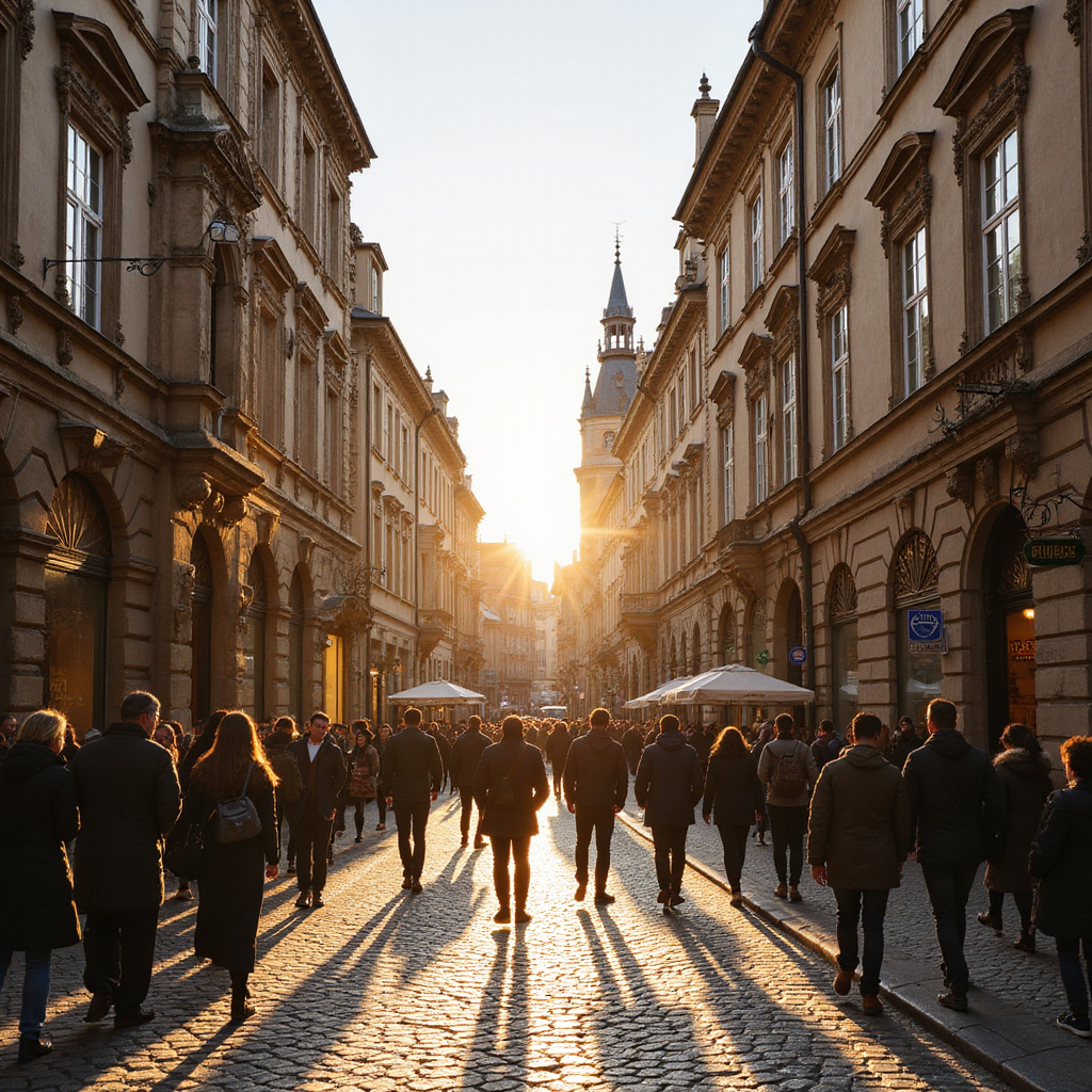 Ulica w Pradze z widokiem na zabytkowe kamienice i turystów