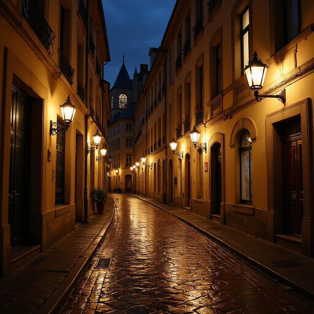 Ulica w Dzielnicy Saint-Pierre w Bordeaux oświetlona latarniami nocą, zabytkowe kamienice