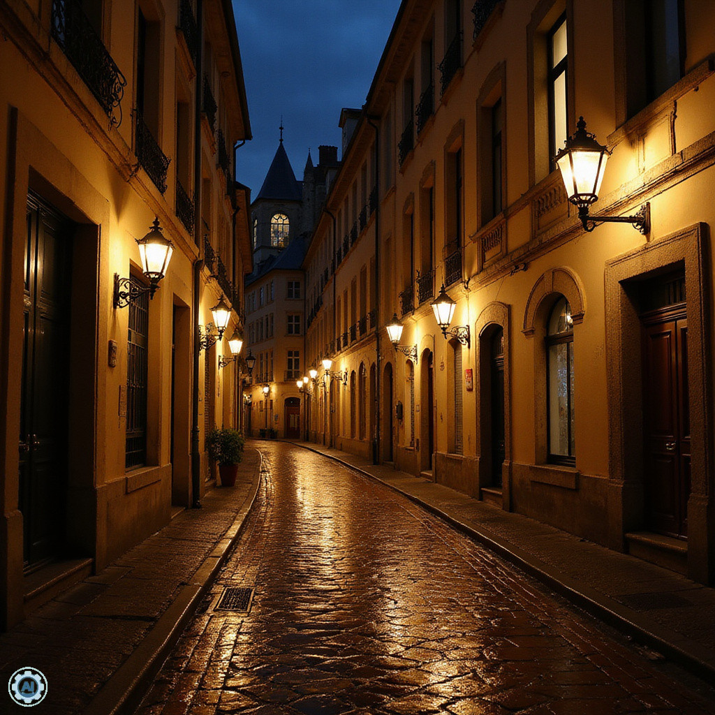 Ulica w Dzielnicy Saint-Pierre w Bordeaux oświetlona latarniami nocą, zabytkowe kamienice