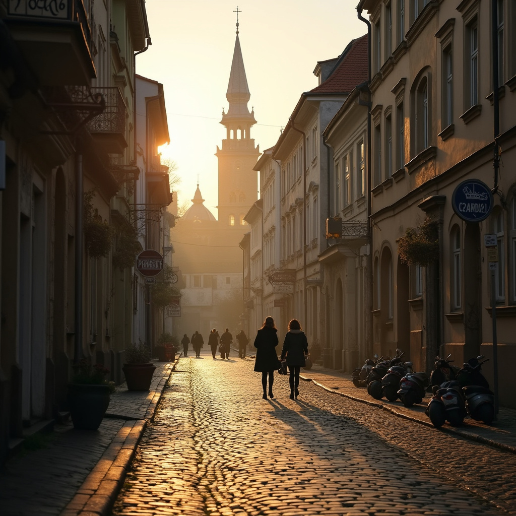 ulica w Wilnie z zabytkowymi kamienicami i kościołami w tle, polski romantyzm