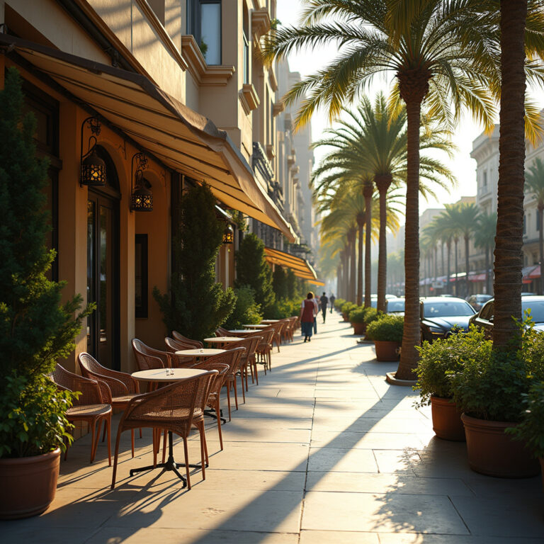Ulica w Zamalek z kawiarniami i zielenią – elegancka dzielnica Kairu