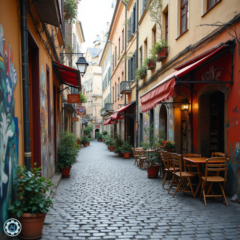 Ulica w Žižkovie z muralami i kawiarniami, dzielnica artystów Praga