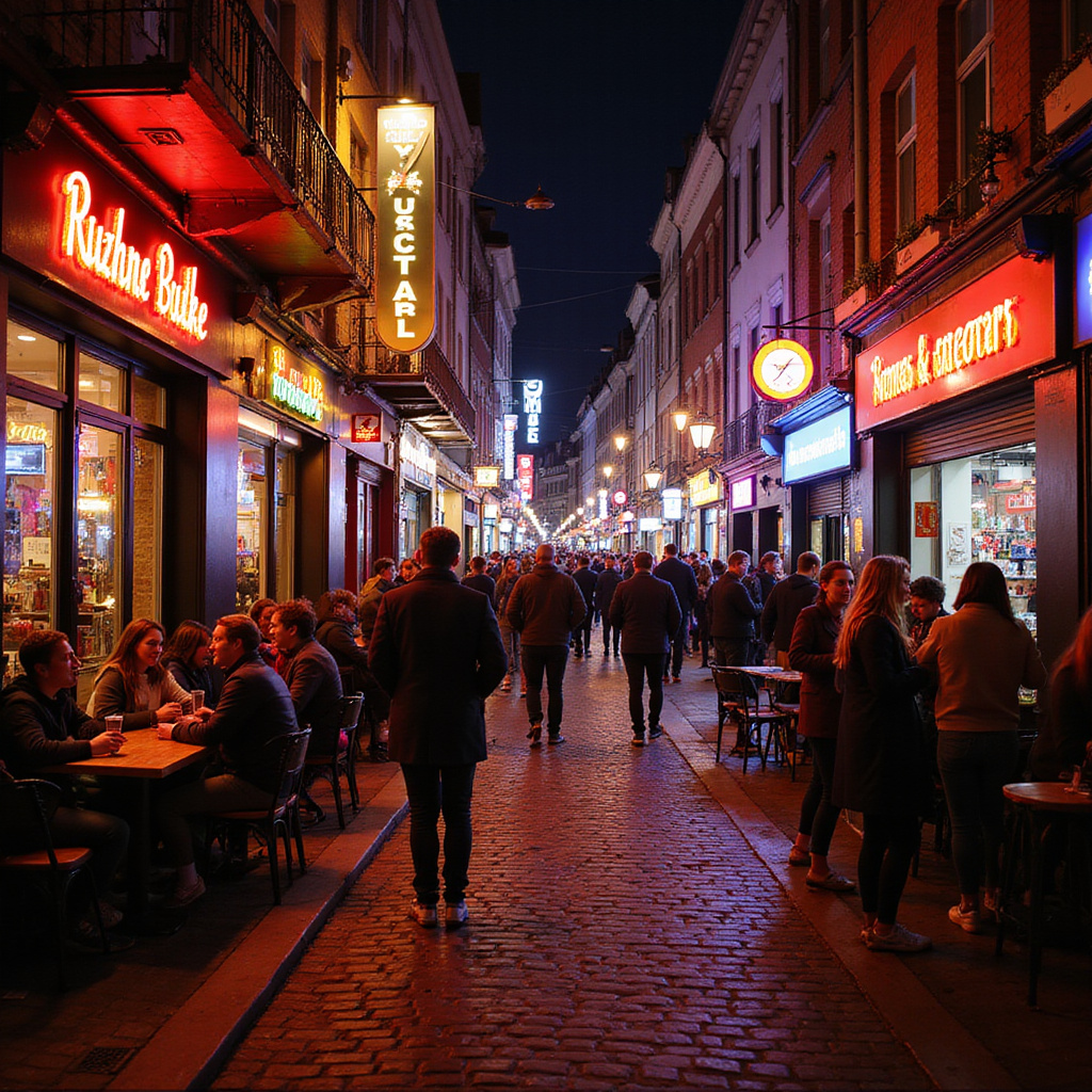 Ulica w Lille z tętniącymi życiem barami studenckimi, nocne życie, tętniąca energia