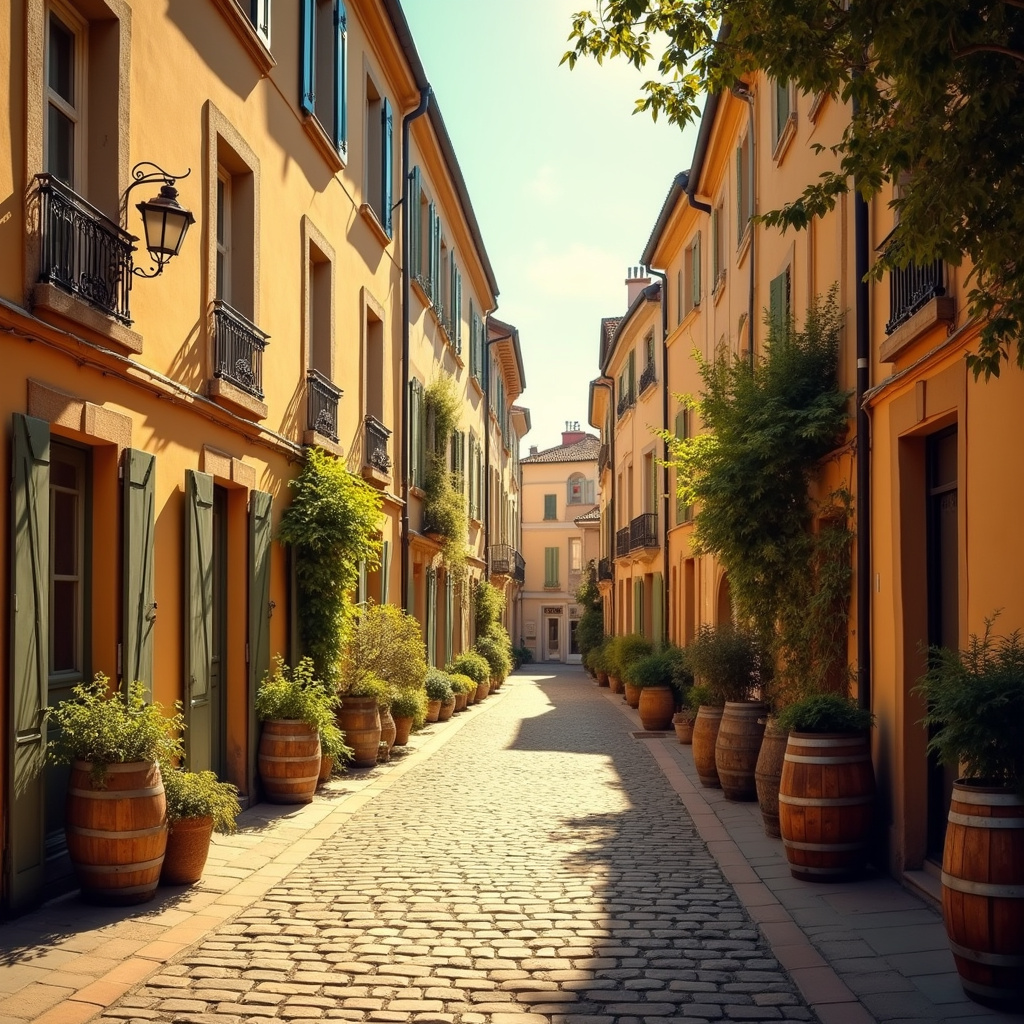 Ulica w Bordeaux otoczona kamieniczkami w kolorze miodu, wino, architektura