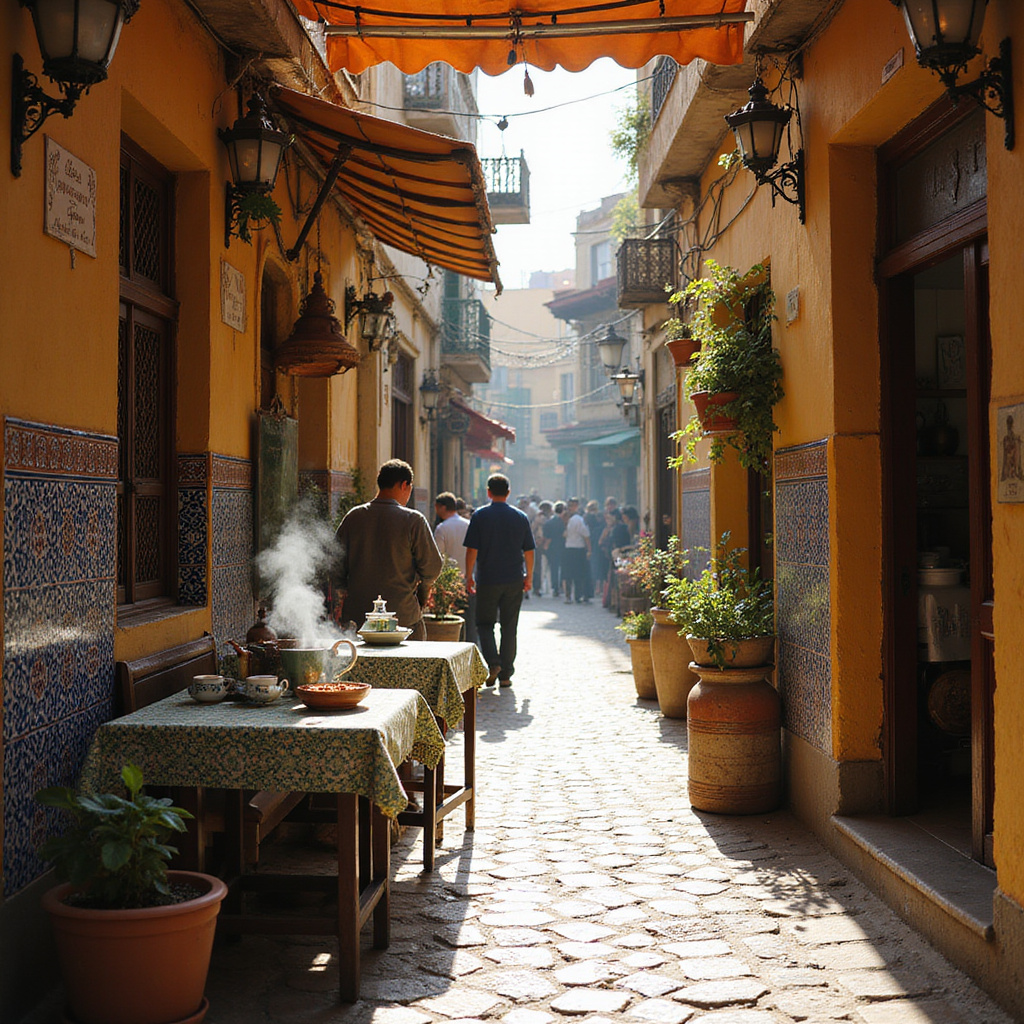 Uliczka w Tunezji z kawiarnią serwującą herbatę miętową