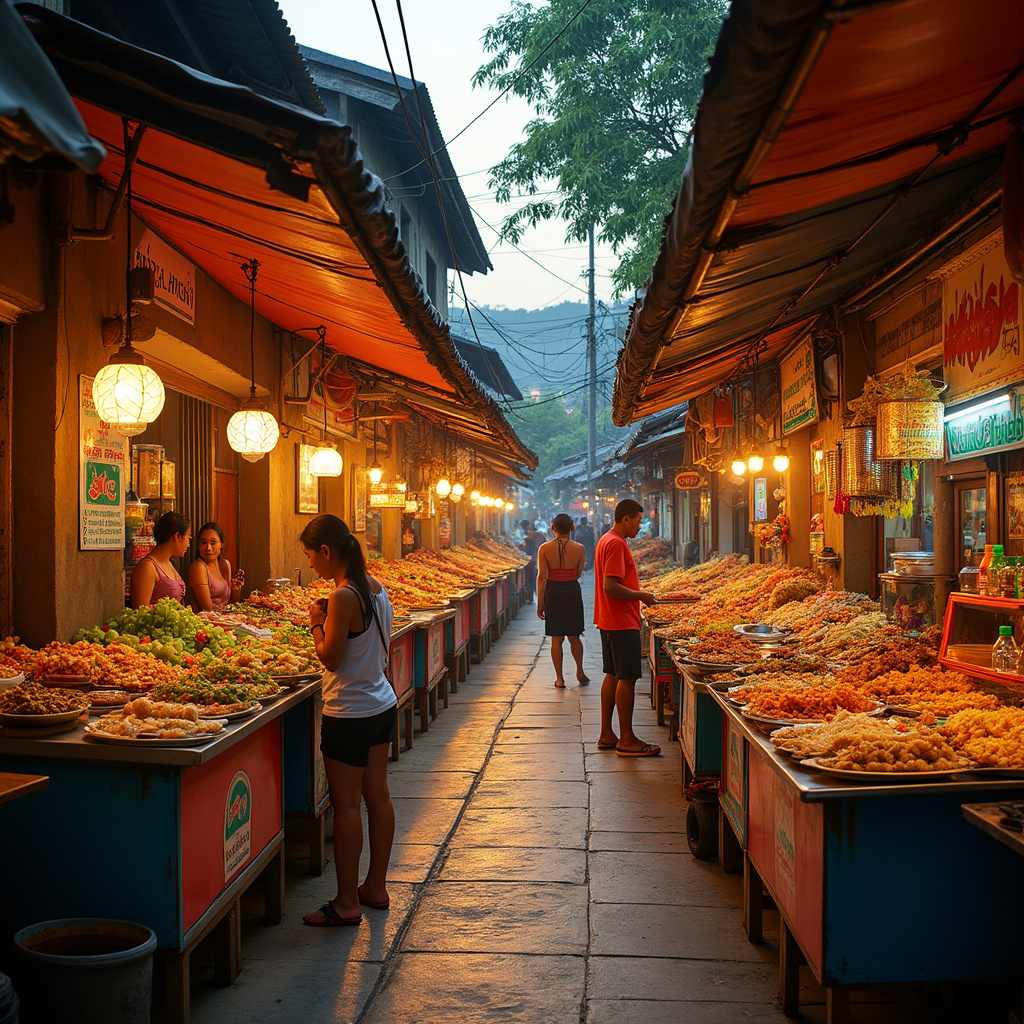 uliczka z budkami street food w Koh Lanta, tanie jedzenie i lokalne przysmaki