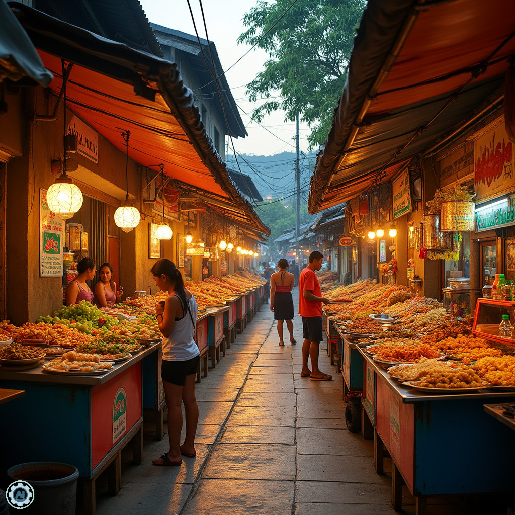 uliczka z budkami street food w Koh Lanta, tanie jedzenie i lokalne przysmaki