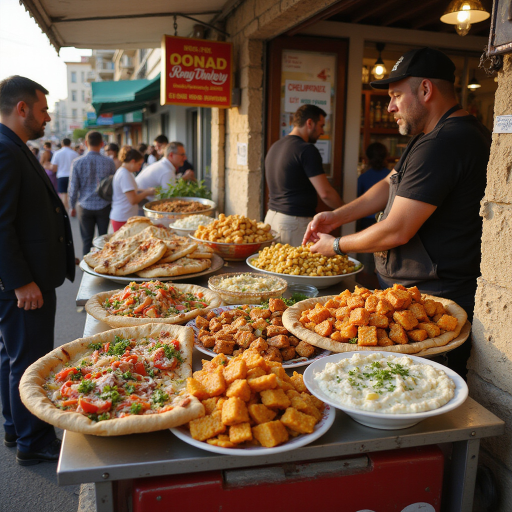 Uliczne stragany z jedzeniem w Larnace, serwujące tradycyjne cypryjskie przekąski