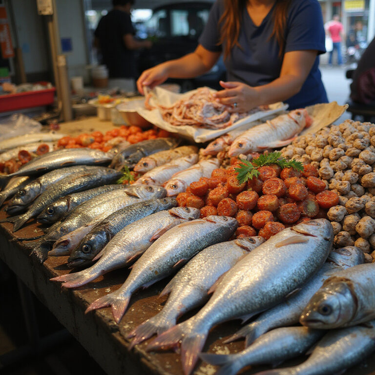 uliczny stragan z owocami morza w Davao City, świeże ryby i owoce