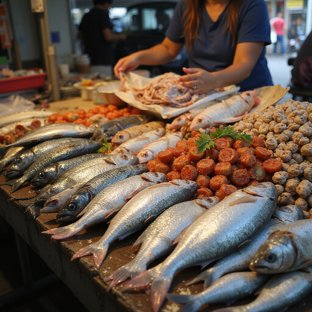 uliczny stragan z owocami morza w Davao City, świeże ryby i owoce