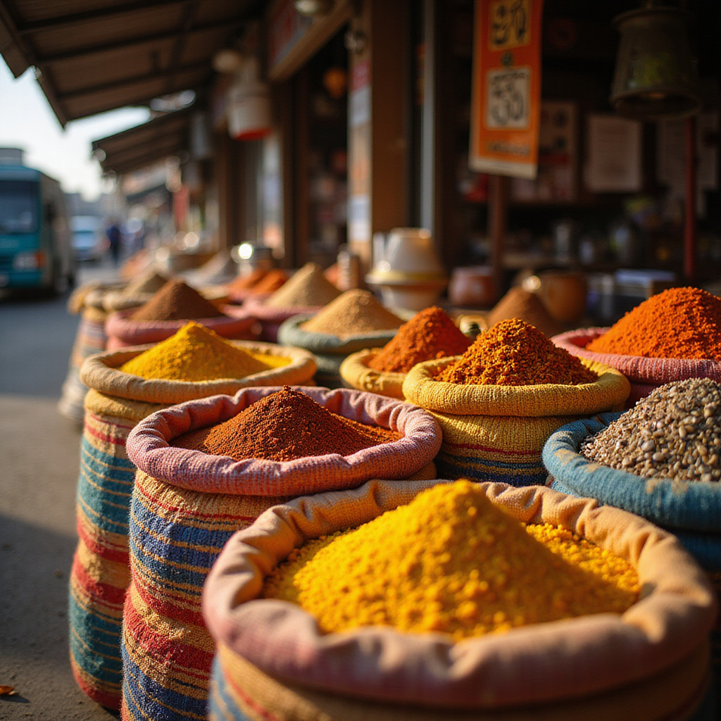 uliczny stragan z przyprawami w Tajlandii z kolorowymi woreczkami