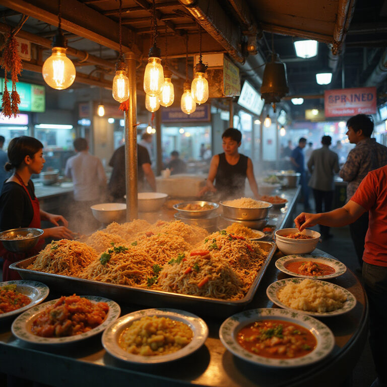 Uliczny stragan z tajskim jedzeniem w Bangkoku, pełen kolorów i aromatów
