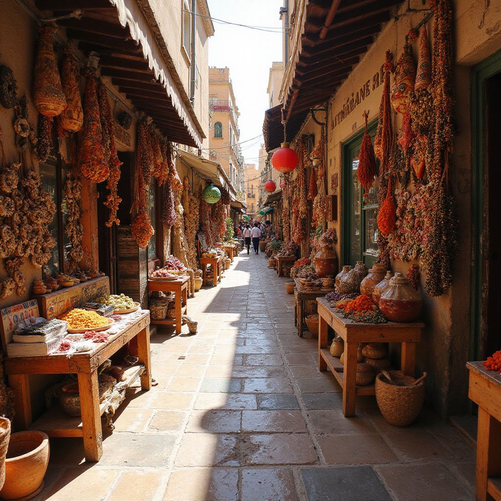 Wąskie uliczki Medyny w Tunisie pełne kolorowych straganów z przyprawami i rękodziełem