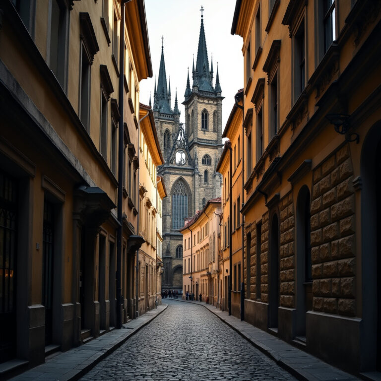 widok na Katedrę św. Wita z wąskiej uliczki Pragi, gotycka architektura, strzeliste wieże