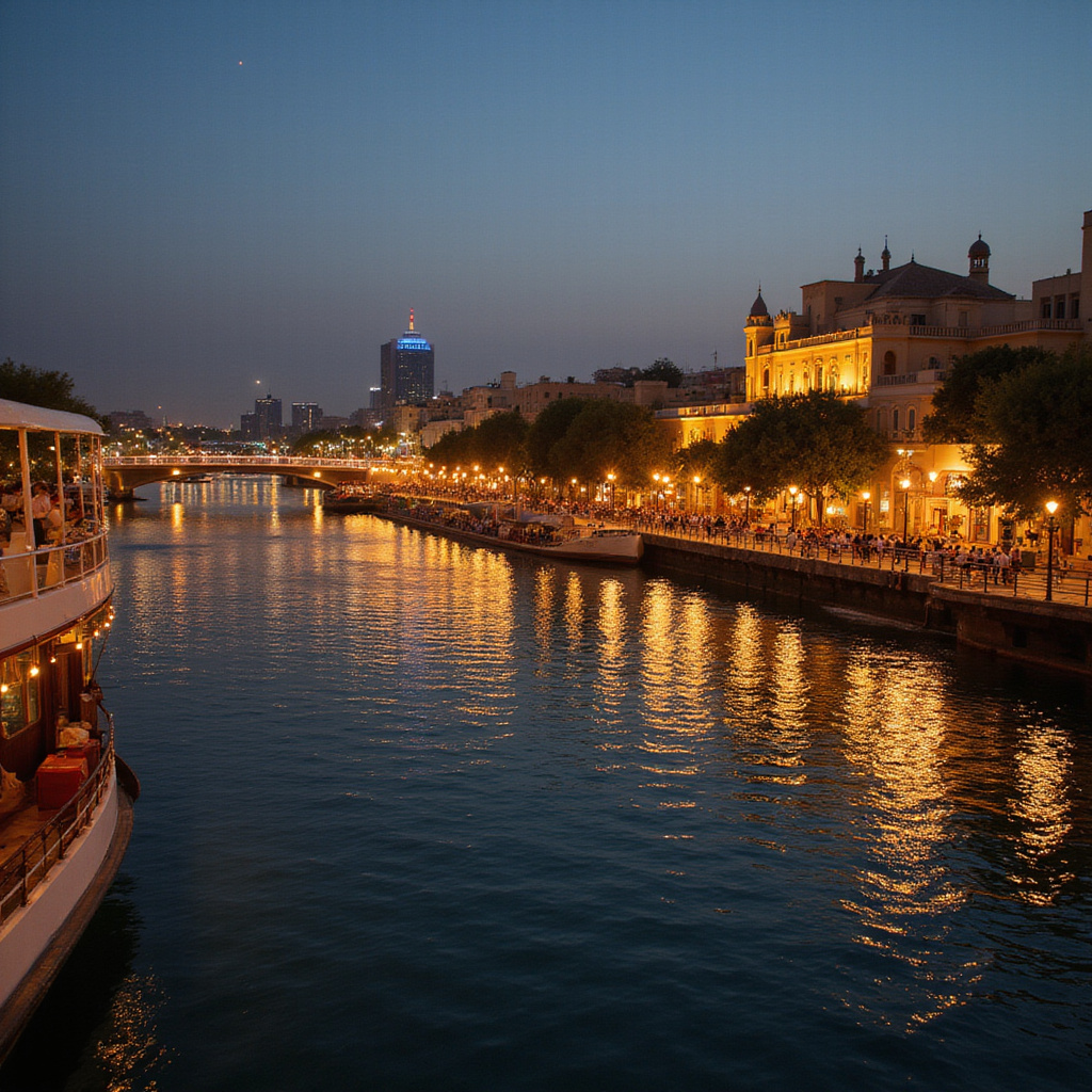 Wieczorny Kair z pokładu statku, oświetlone mosty i budynki nad Nilem