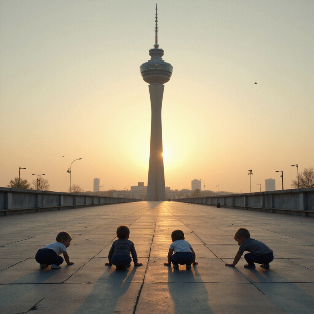 Wieża telewizyjna Žižkov z raczkującymi dziećmi w tle