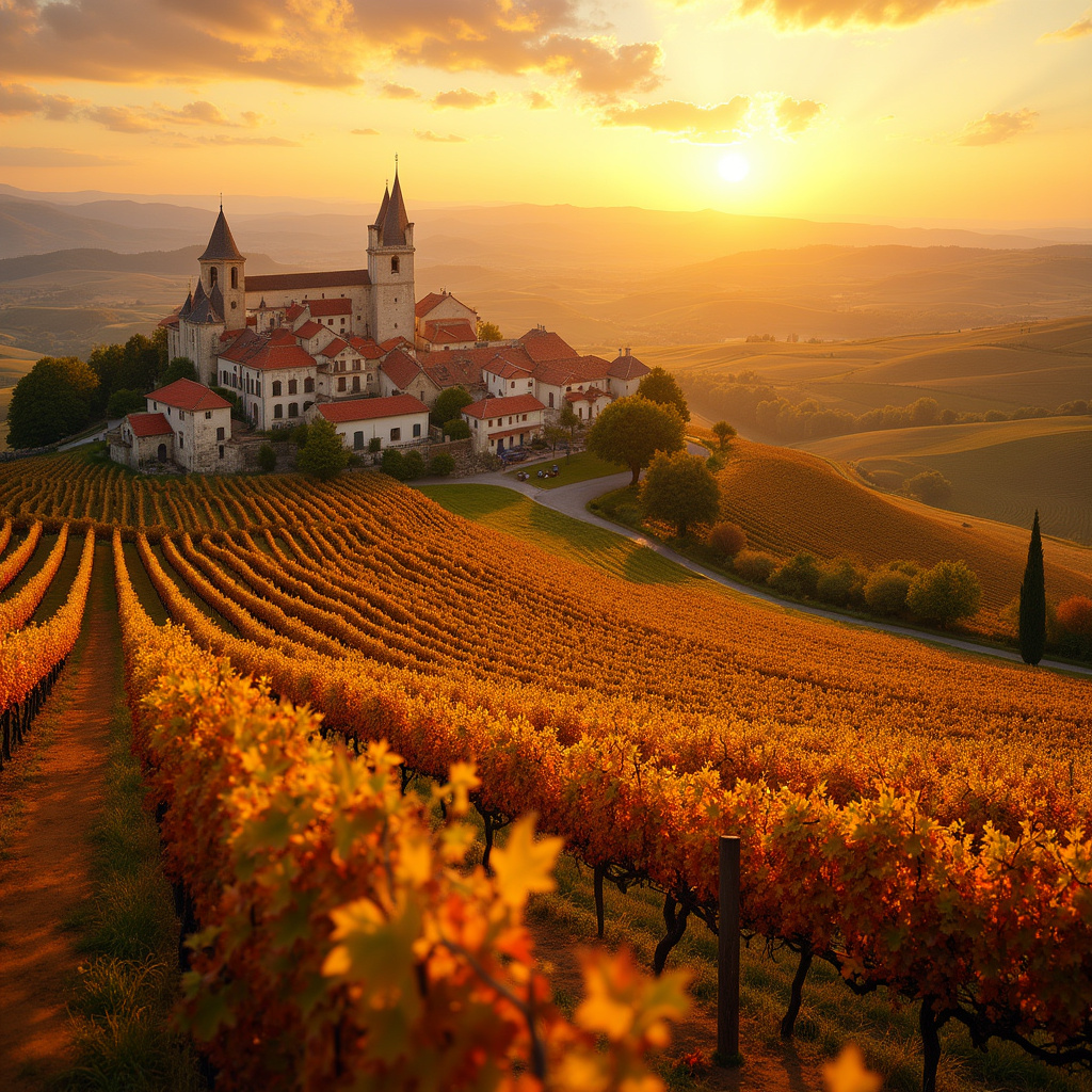 Winnice Saint-Émilion o zachodzie słońca, złote pola i czerwone dachy