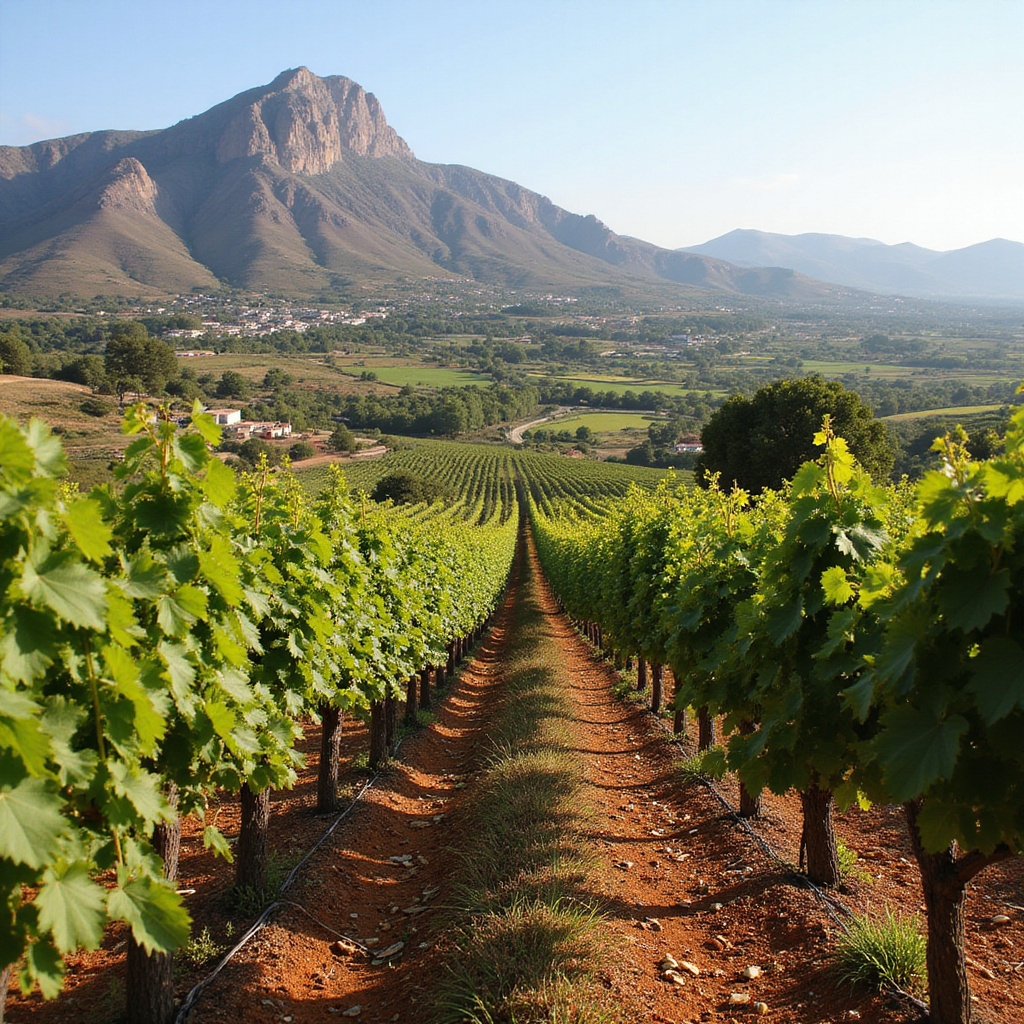 Winnice w Tunezji z widokiem na góry, tunezyjskie wina, uprawa winorośli