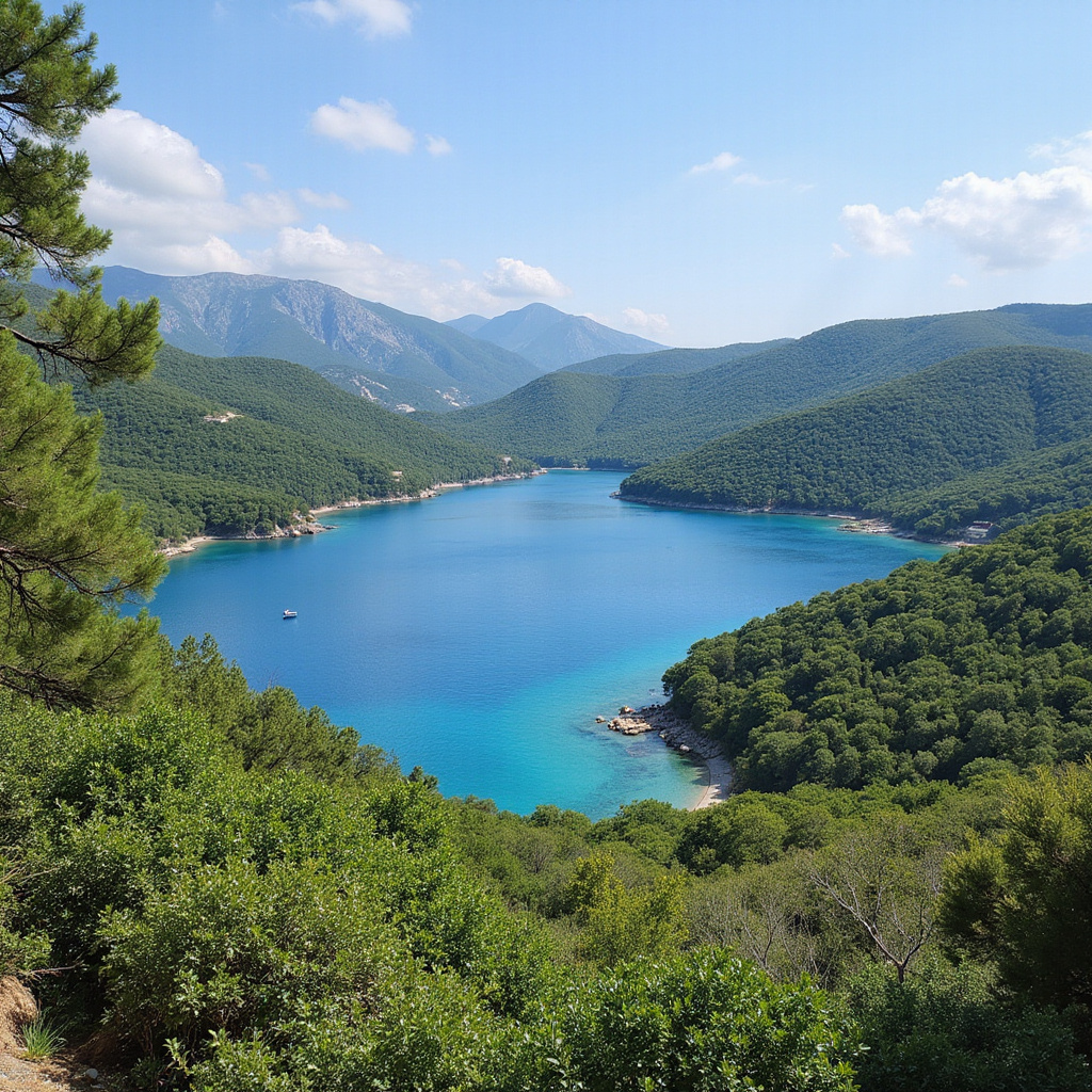 Widok na zatokę w Parku Narodowym Brijuni z zielonymi wzgórzami w tle