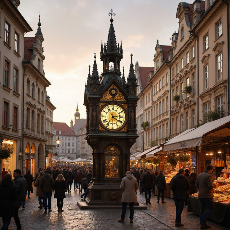 Zegar Astronomiczny w Pradze na Rynku Staromiejskim z tłumem turystów
