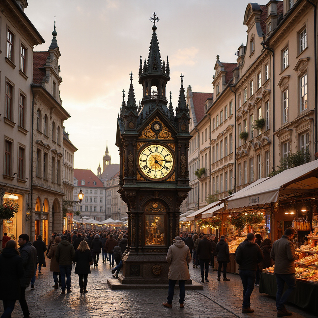 Zegar Astronomiczny w Pradze na Rynku Staromiejskim z tłumem turystów