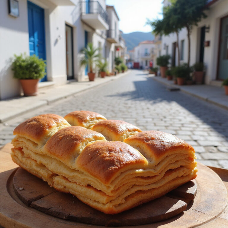 Bougatsa z Volos na tle greckiej ulicy z tradycyjnymi budynkami