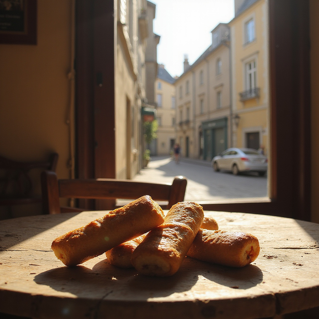 Canelés de Bordeaux na drewnianym stole z widokiem na ulicę w Bordeaux