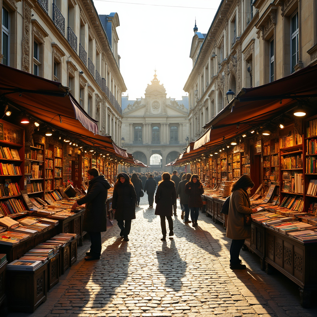 Dziedziniec Vieille Bourse w Lille z targiem książek i zabytkową architekturą