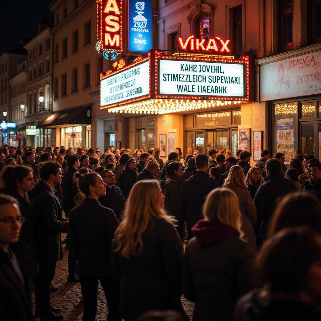 Widok na festiwal filmowy w Polsce, tłum ludzi przed kinem