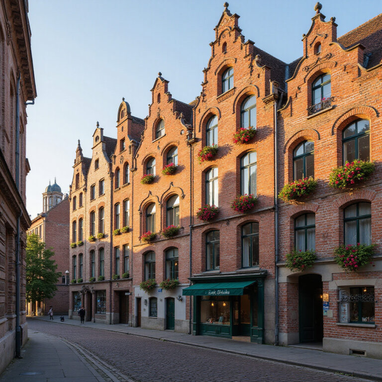 Flamandzka architektura Lille na tle brukowanej ulicy z charakterystycznymi ceglanymi fasadami