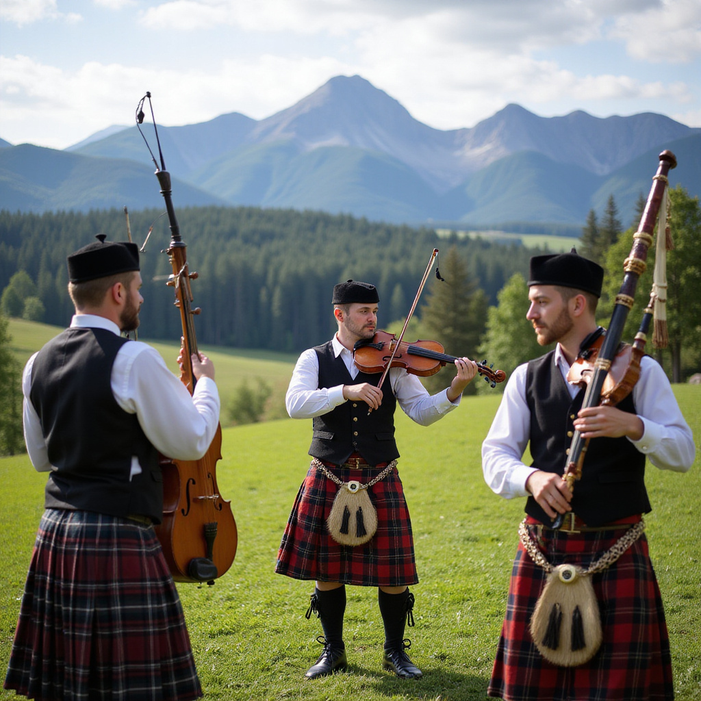 Góralska kapela grająca na skrzypcach i dudach w otoczeniu gór, żywe tradycje Podhala