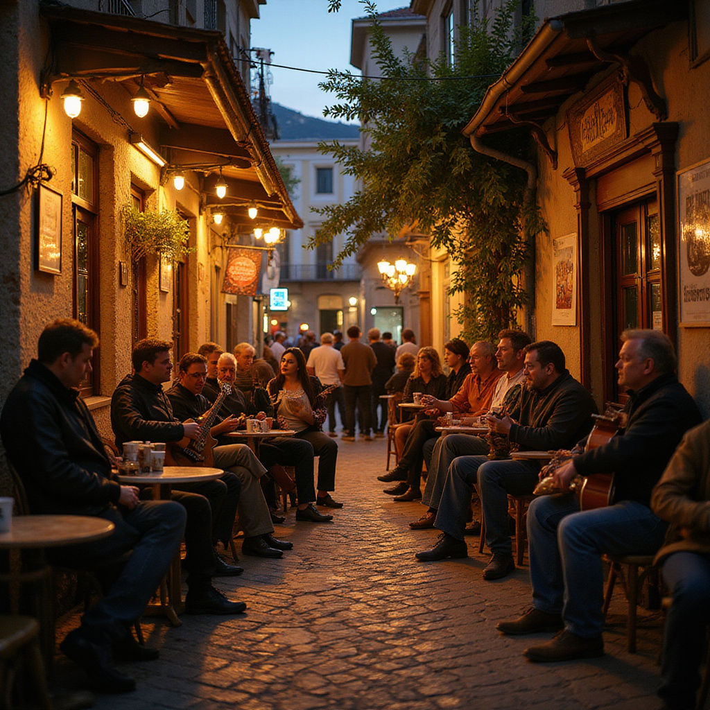 Ulica w Atenach z kafenionem, gdzie słychać dźwięki Rebetiko