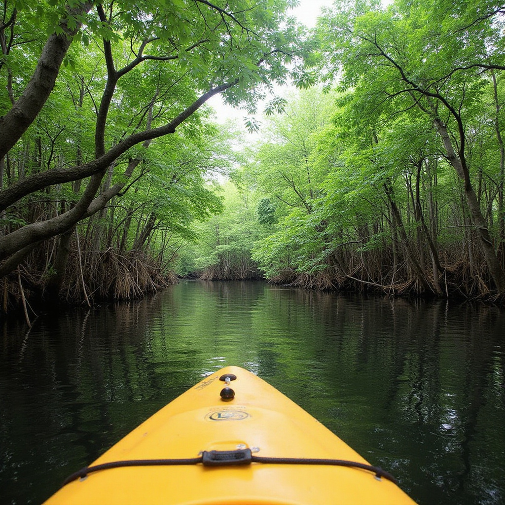 Kajak wśród lasów namorzynowych Mida Creek, spokojna woda i bujna roślinność