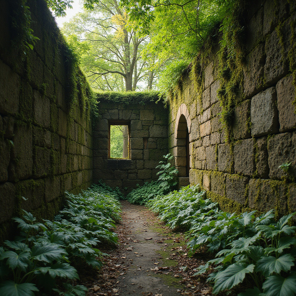 Kamienne mury Gede otoczone dziką roślinnością i ścieżkami