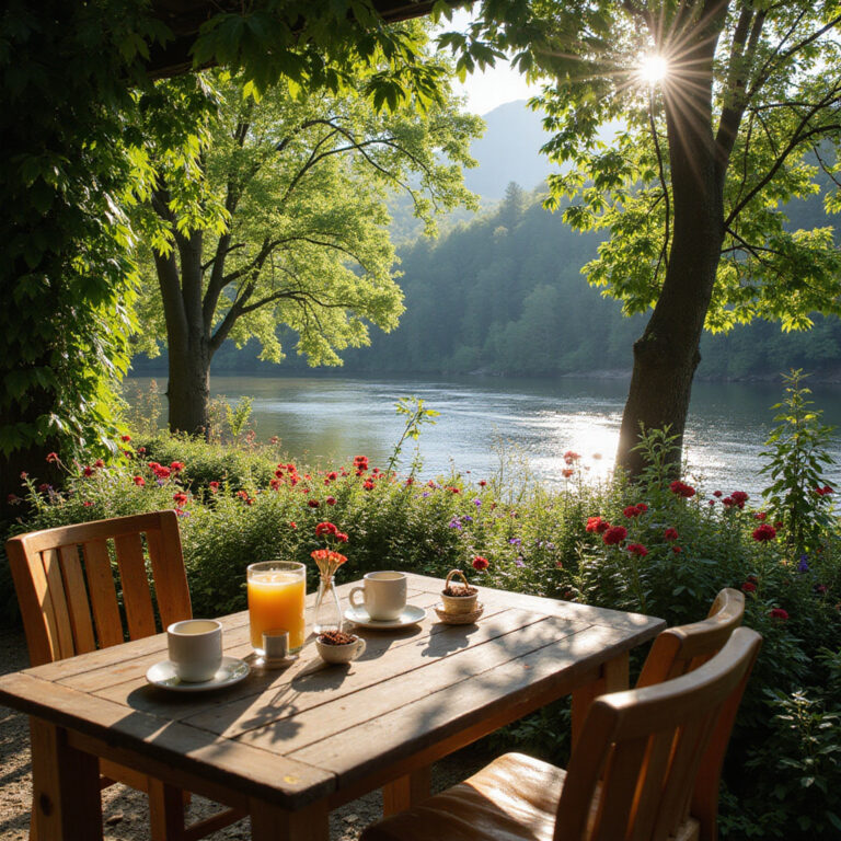 Urokliwy kawiarniany ogródek w Kuldīdze nad rzeką Ventą, idealne miejsce na relaks