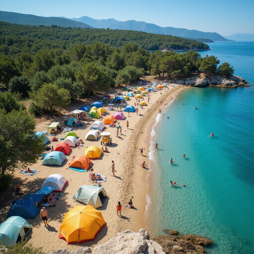 Widok na kemping w Puli z namiotami i morzem w tle - idealne miejsce na wakacje