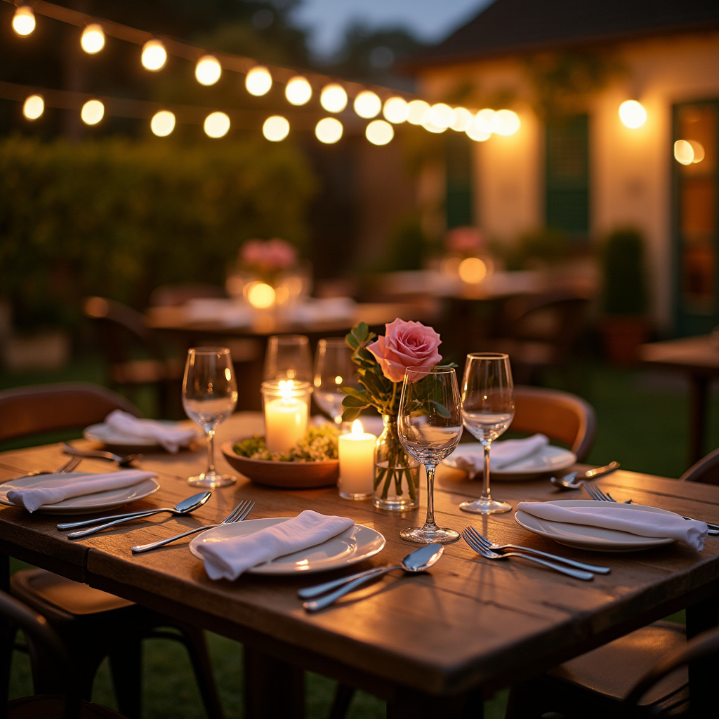 Stolik w ogrodzie restauracji w Bordeaux, romantyczna kolacja, lokalne wino, świece