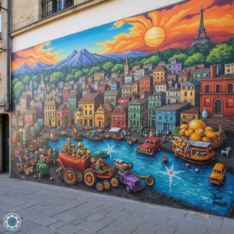 Kolorowy mural w Bordeaux przedstawiający lokalną kulturę i sztukę uliczną