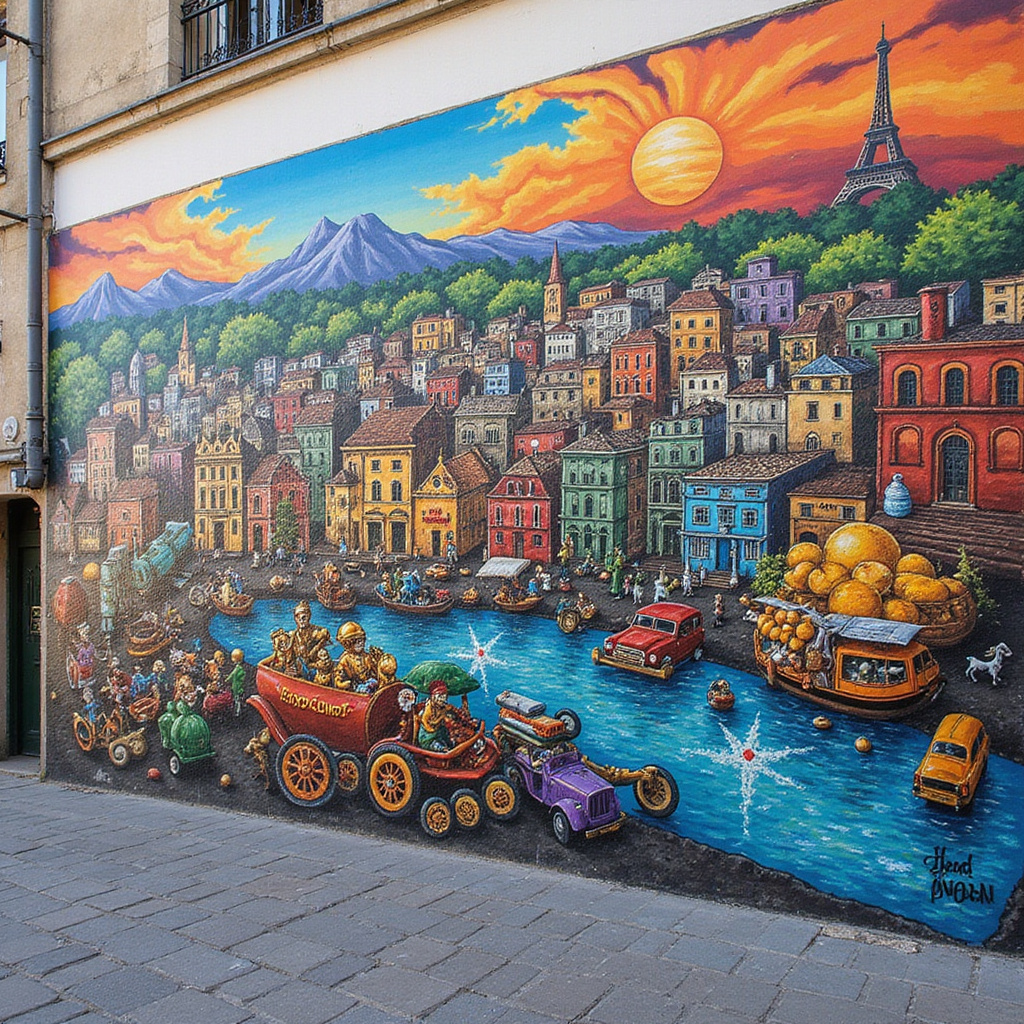 Kolorowy mural w Bordeaux przedstawiający lokalną kulturę i sztukę uliczną