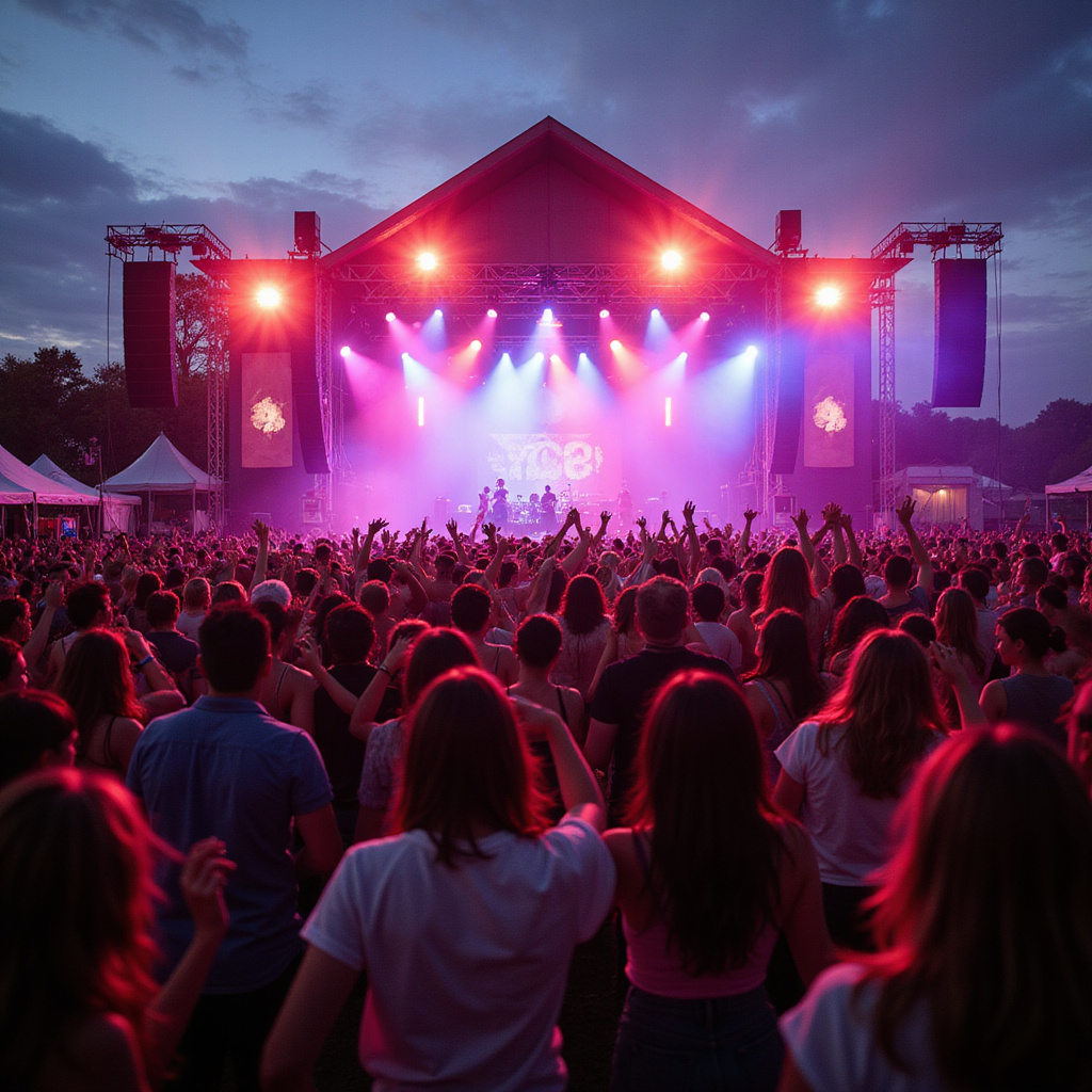 Tłum ludzi tańczących na festiwalu muzycznym pod sceną