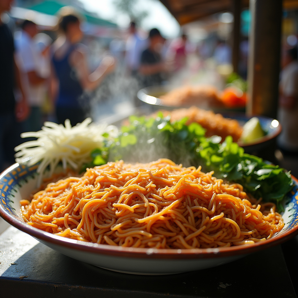 Makaron ryżowy na ulicznym straganie w Tajlandii, gotowy do przyrządzenia Pad Thai
