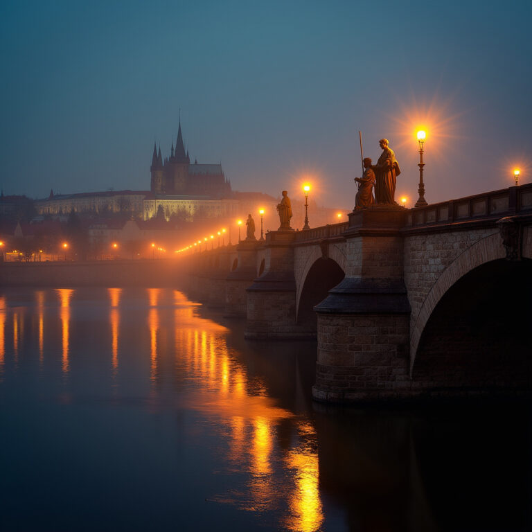 Most Karola nocą z oświetlonymi posągami nad Wełtawą, fotografia nocna Praga